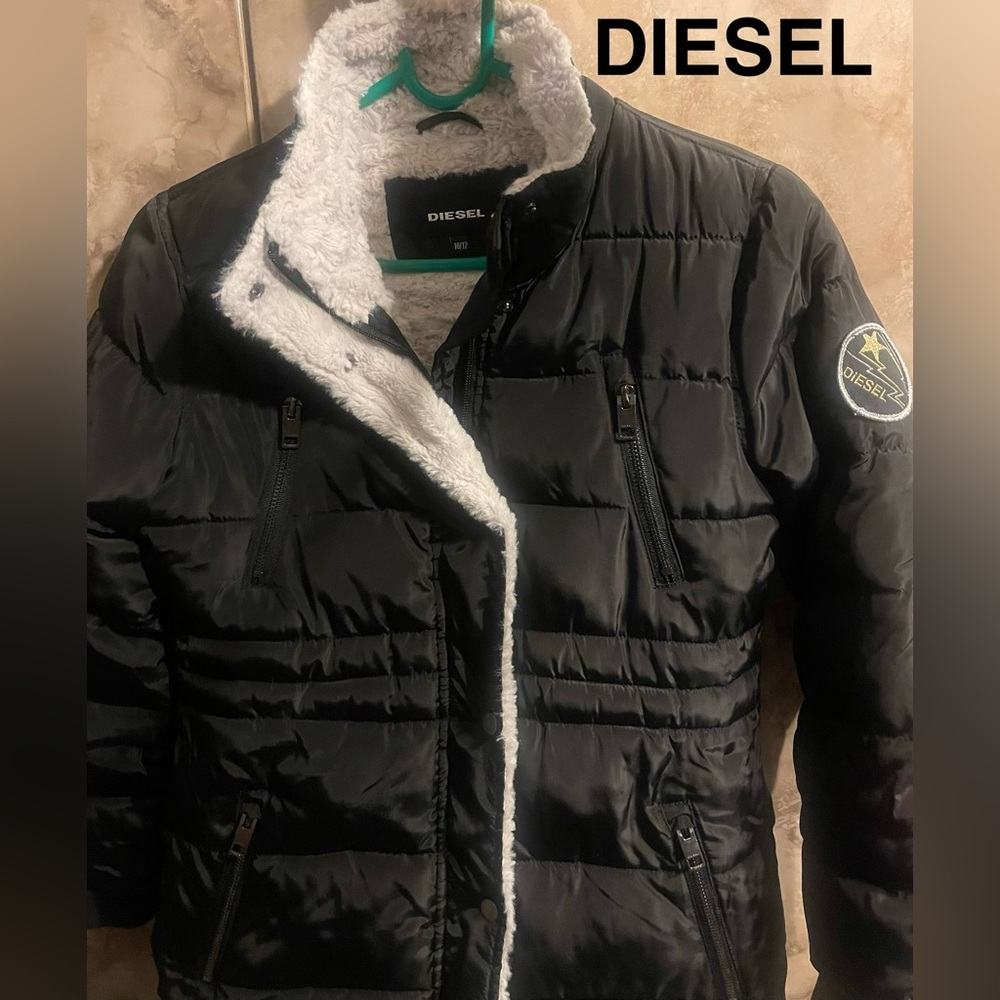 Diesel Black Puffer Jacket with White Sherpa Trim